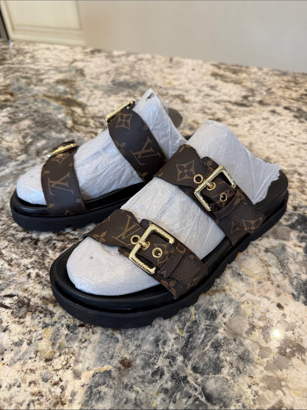 Brown Monogram Double-Buckle Slide Sandals with Gold Hardware